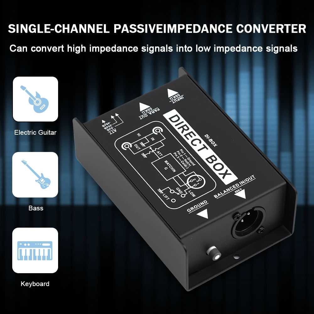Caja directa DI pasiva genérica, 1 o 2 canales, para guitarra, bajo y teclado, salida XLR balanceada