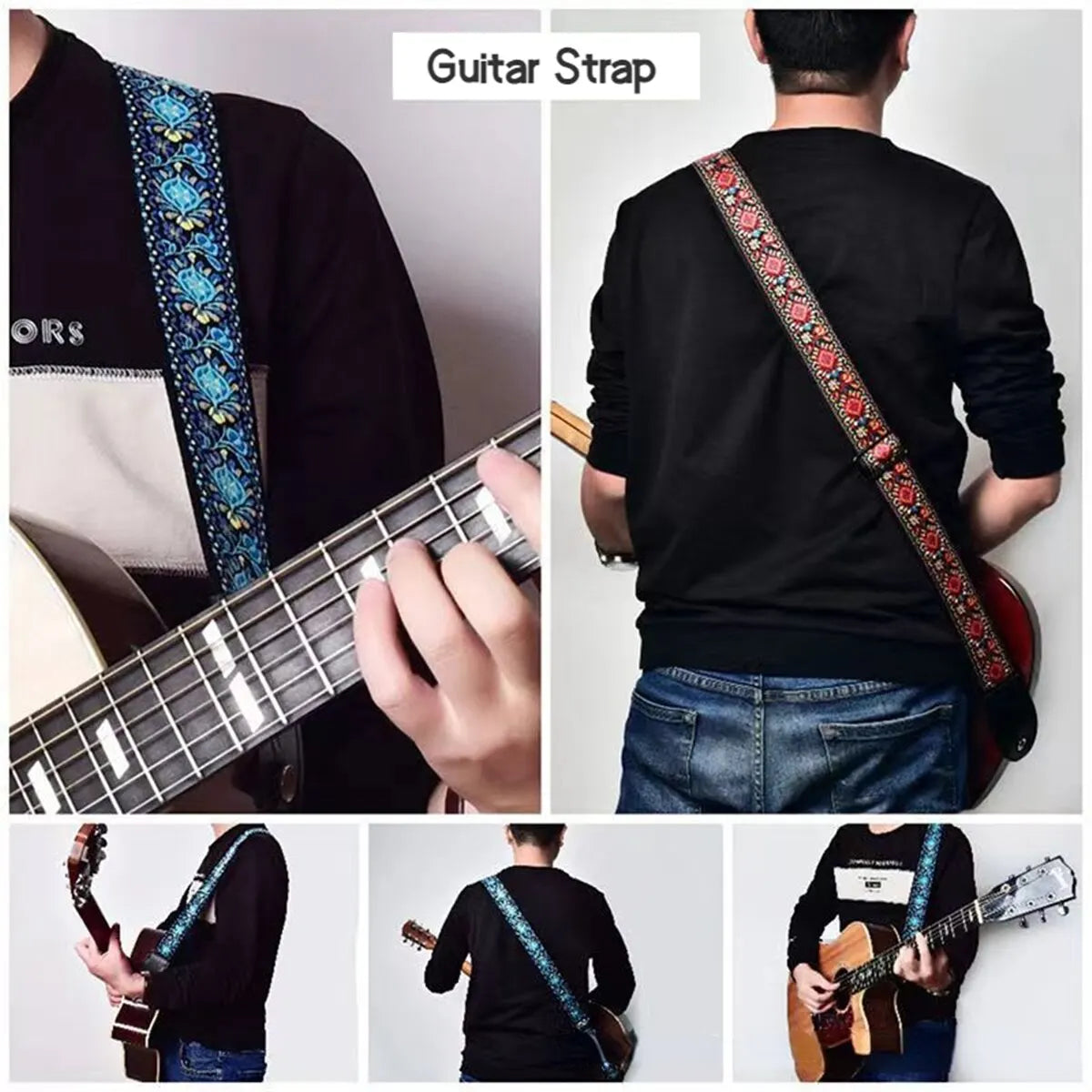 Correa bordada ajustable para guitarra y bajo, estilo étnico vintage, para guitarra acústica, eléctrica y folk