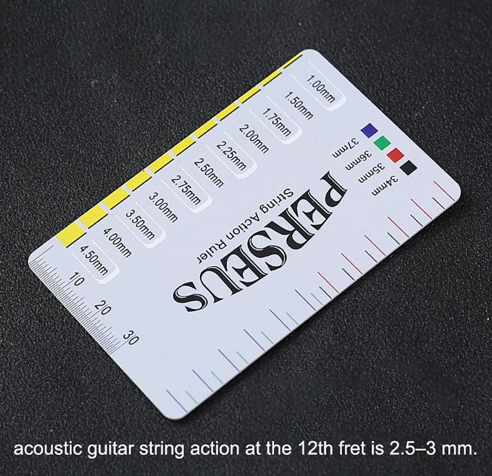 Regla medidora de acción de cuerdas para guitarra y bajo