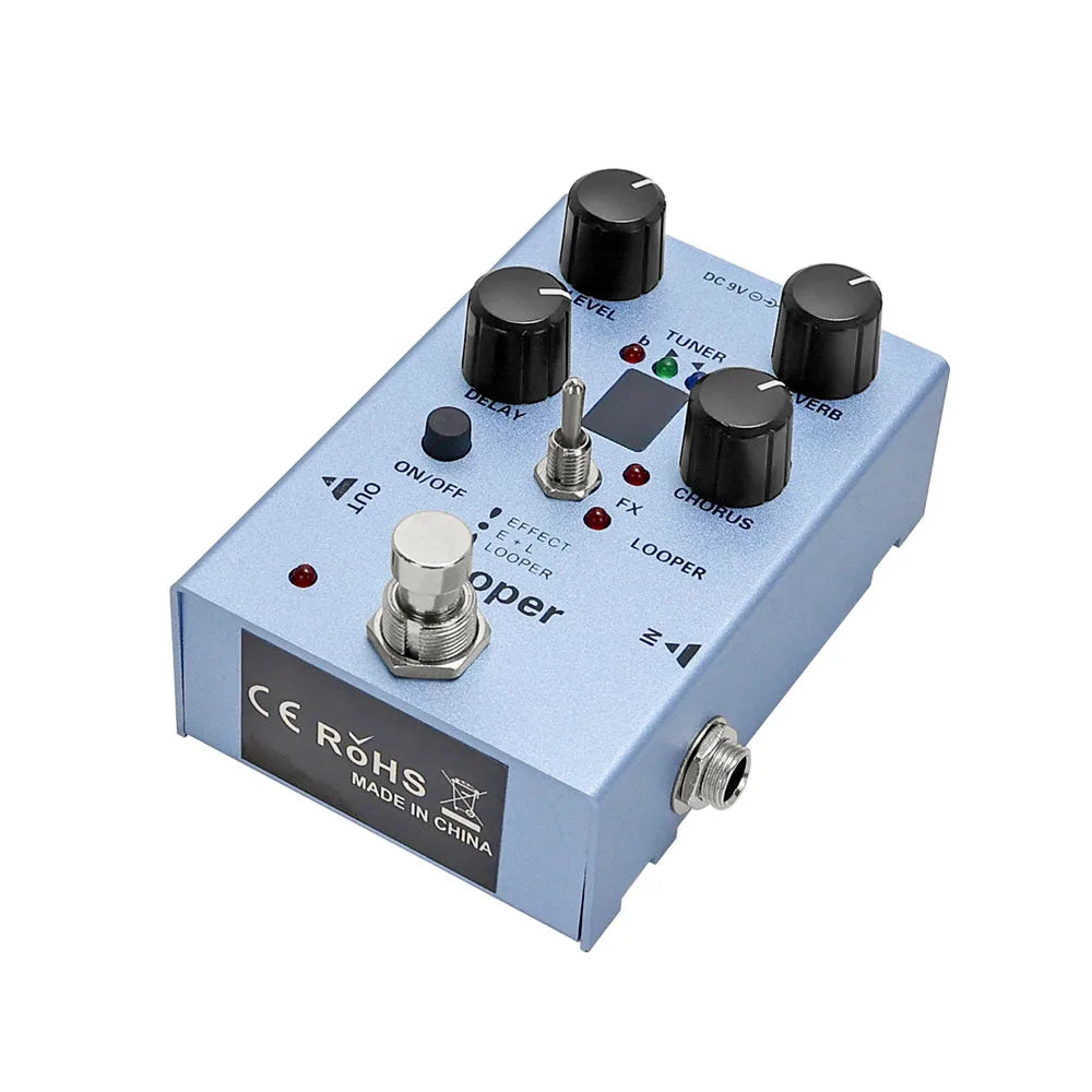Pedal multiefecto para guitarra eléctrica con looper, delay, chorus, reverb y afinador en un solo pedal, con bypass true y alimentación CC 9V