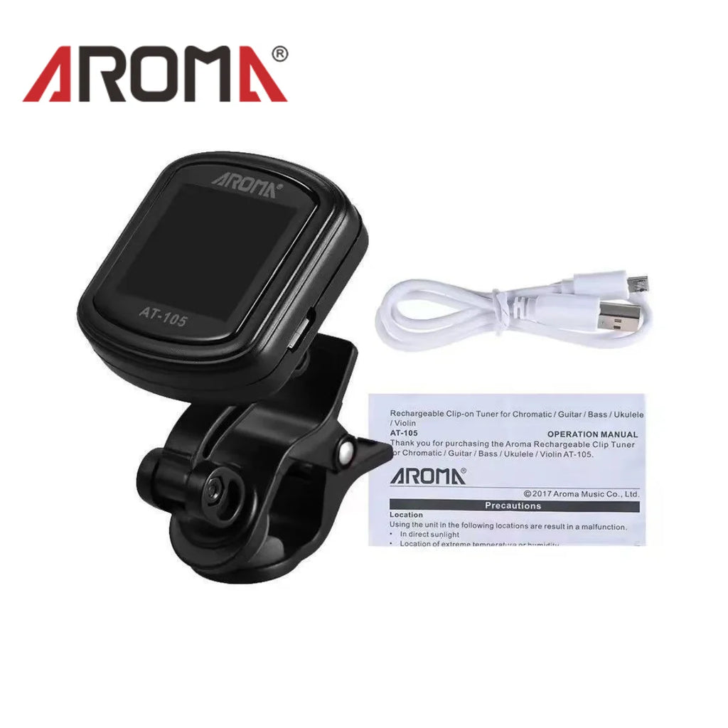 Afinador de pinza AROMA AT-105 recargable, cromático, con giro 360°, para guitarra, bajo, ukelele y violín