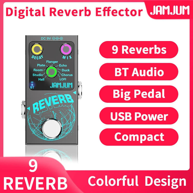 Pedal de efecto reverb digital para guitarra y bajo, con 9 tipos de reverb, audio Bluetooth y alimentación USB