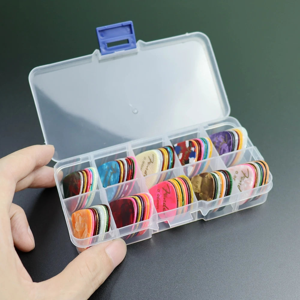 Pack de púas de guitarra de celuloide con caja, 20, 50 o 100 unidades, grosor 0,46–0,96 mm