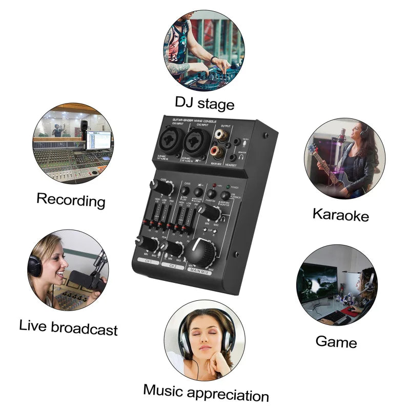 Mezcladora mini de 3 canales con tarjeta de sonido, alimentación fantasma de 48V y USB, para estudio en casa, transmisiones en vivo y karaoke