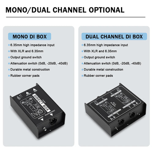 Caja directa DI pasiva genérica, 1 o 2 canales, para guitarra, bajo y teclado, salida XLR balanceada
