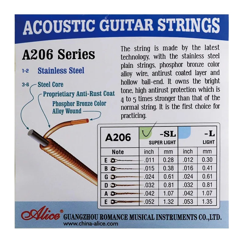 Cuerdas de guitarra acústica Alice A206, juego de 6 cuerdas de cobre con recubrimiento de bronce fosforado, calibre 011-052