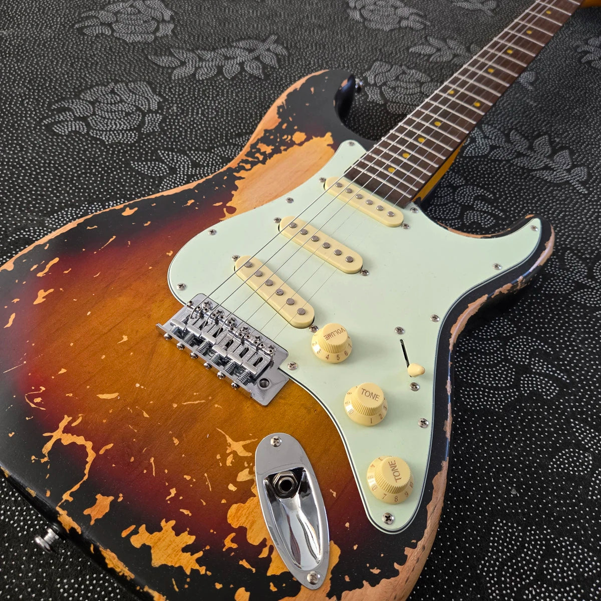 Guitarra eléctrica de 6 cuerdas estilo Strat, color Sunset vintage, cuerpo de aliso y mástil de arce, 39 pulgadas