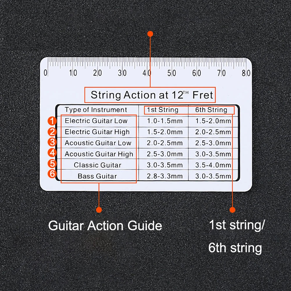 Regla medidora de acción de cuerdas para guitarra y bajo
