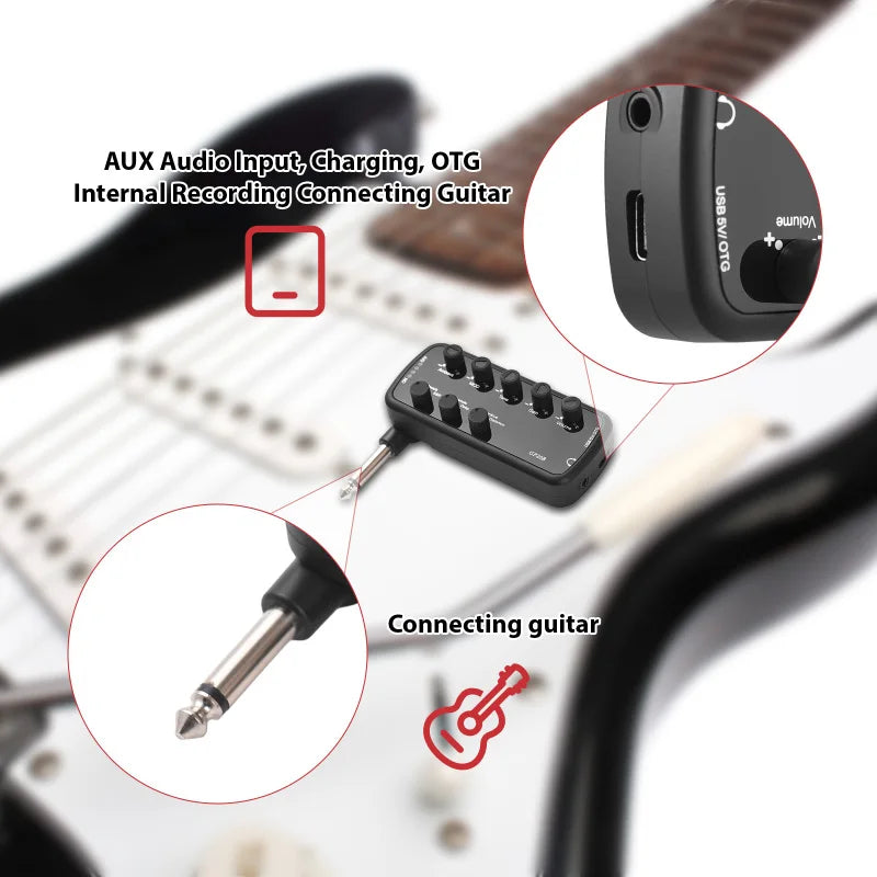 Mini amplificador de audífonos plug and play para guitarra eléctrica o bajo, con OTG y grabación interna, a batería