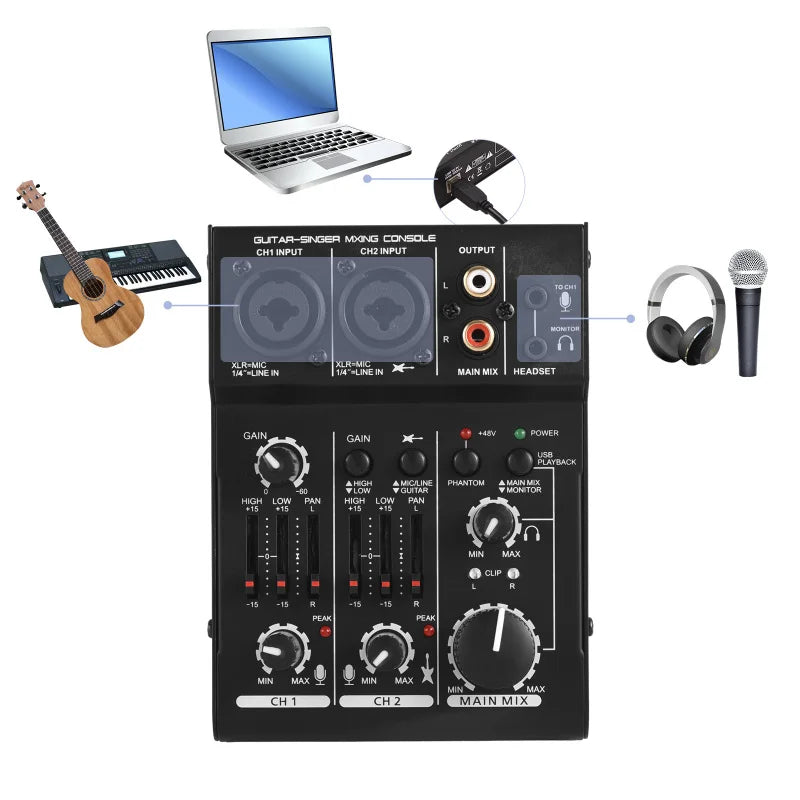 Mezcladora mini de 3 canales con tarjeta de sonido, alimentación fantasma de 48V y USB, para estudio en casa, transmisiones en vivo y karaoke